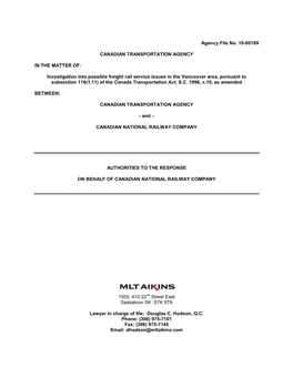 Investigation Into Possible Freight Rail Service Issues in the Vancouver Area, Pursuant to Subsection 116(1.11) of the Canada Transportation Act, S.C