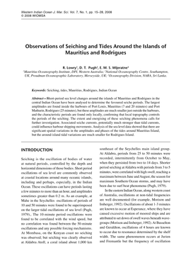 Observations of Seiching and Tides Around the Islands of Mauritius and Rodrigues