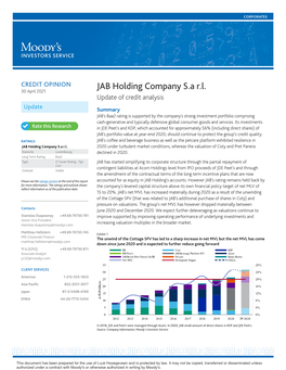 Moody's JAB Holding Company Credit Opinion Update