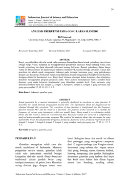 Indonesian Journal of Science and Education ANALISIS FREKUENSI PADA GONG LARAS SLENDRO PENDAHULUAN Gamelan Merupakan Salah Satu