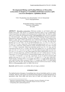 Developmental Biology and Feeding Efficiency of Menochilus Sexmaculatus (Coleoptera: Coccinellidae)(Fabricius) Reared on Aphis Craccivora (Hemiptera: Aphididae)(Koch)