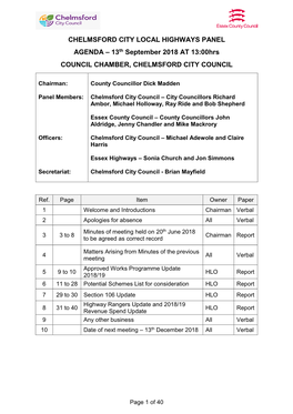 CHELMSFORD CITY LOCAL HIGHWAYS PANEL AGENDA – 13Th September 2018 at 13:00Hrs COUNCIL CHAMBER, CHELMSFORD CITY COUNCIL