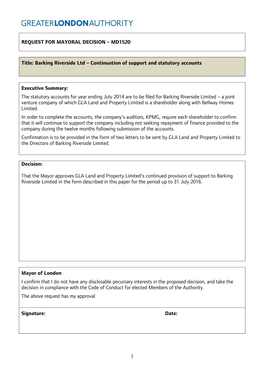 Barking Riverside Ltd – Continuation of Support and Statutory Accounts