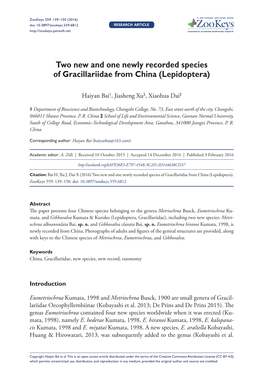 Two New and One Newly Recorded Species of Gracillariidae from China (Lepidoptera)