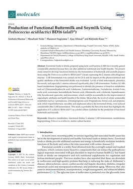 Production of Functional Buttermilk and Soymilk Using Pediococcus Acidilactici BD16 (Alad+)