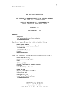 Recovery Road? an Assessment of the Auto Bailout and the State of U.S