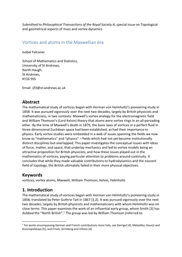 Vortices and Atoms in the Maxwellian Era Abstract Keywords 1. Introduction