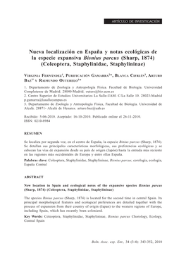 Nueva Localización En España Y Notas Ecológicas De La Especie Expansiva Bisnius Parcus (Sharp, 1874) (Coleoptera, Staphylinidae, Staphylininae)