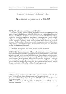 Note Floristiche Piemontesi N. 309-392