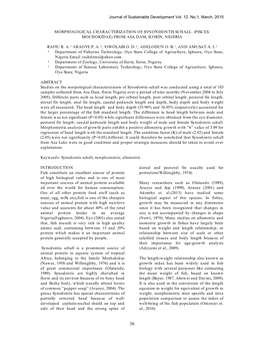 Morphological Characterization of Synondontis Schall (Pisces: Mochokidae) from Asa Dam, Ilorin, Nigeria