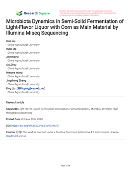 Microbiota Dynamics in Semi-Solid Fermentation of Light-Flavor Liquor with Corn As Main Material by Illumina Miseq Sequencing