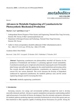 Advances in Metabolic Engineering of Cyanobacteria for Photosynthetic Biochemical Production