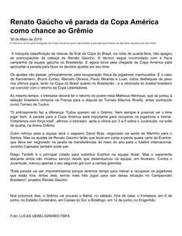 Renato Gaúcho Vê Parada Da Copa América Como Chance Ao Grêmio