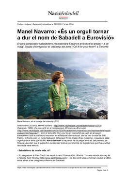 Manel Navarro: «És Un Orgull Tornar a Dur El Nom De Sabadell a Eurovisió»