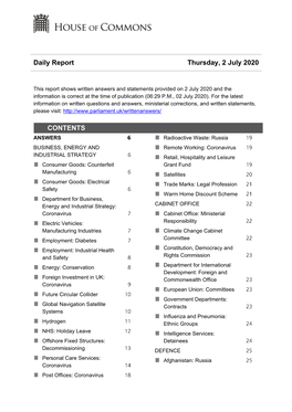 Daily Report Thursday, 2 July 2020 CONTENTS