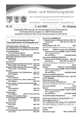 Amts- Und Mitteilungsblatt Der Verwaltungsgemeinschaft Mespelbrunn Und Der Mitgliedsgemeinden Dammbach - Heimbuchenthal - Mespelbrunn Nr