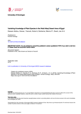 Vanishing Knowledge of Plant Species in the Wadi Allaqi Desert Area of Egypt Hassan Abdou, Hanaa ; Yacoub, Hoda A; Gerkema, Menno P.; Swart, Jac a A