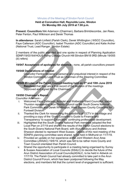 Minutes of the Meeting of Slindon Parish Council Held at Coronation Hall, Reynolds Lane, Slindon on Monday 8Th July 2019 at 7.00 P.M