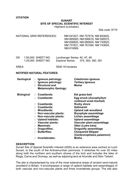 CITATION SUNART SITE of SPECIAL SCIENTIFIC INTEREST Highland (Lochaber) Site Code: 8174