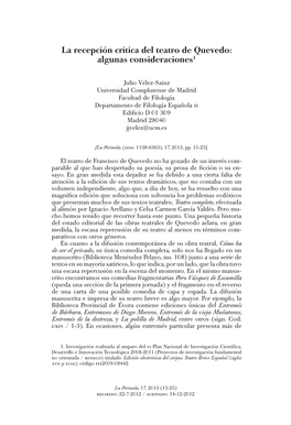 La Recepción Crítica Del Teatro De Quevedo: Algunas Consideraciones1