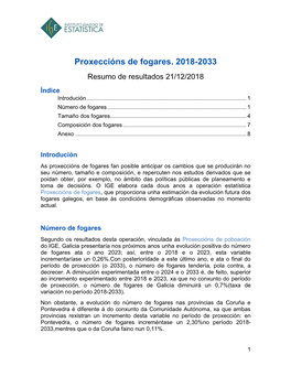 Proxeccións De Fogares. 2018-2033 Resumo De Resultados 21/12/2018