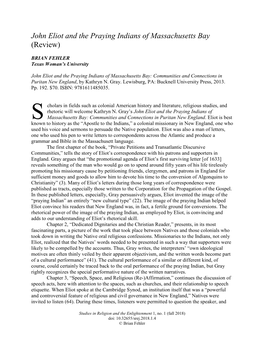 John Eliot and the Praying Indians of Massachusetts Bay (Review)