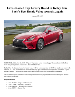 Lexus Named Top Luxury Brand in Kelley Blue Book's Best Resale Value Awards...Again