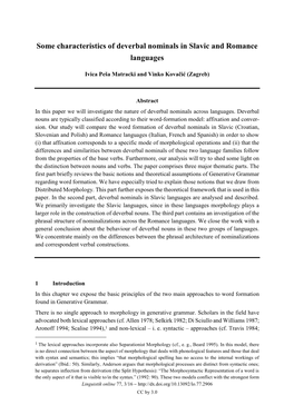 Some Characteristics of Deverbal Nominals in Slavic and Romance Languages