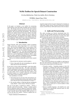 Arxiv:2104.04896V1 [Eess.AS] 11 Apr 2021 Struction Including Data Pre-Processing, Audio-Text Align- Sion of the Dataset