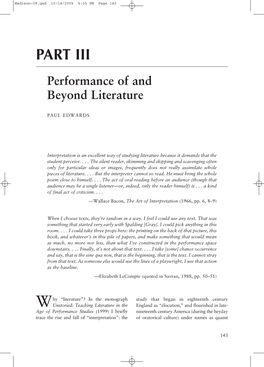 PART III Performance of and Beyond Literature