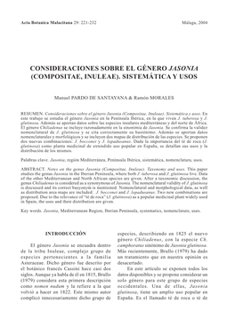 Consideraciones Sobre El Género Jasonia (Compositae, Inuleae)