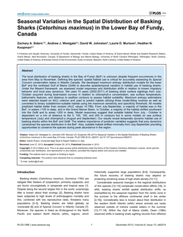 Seasonal Variation in the Spatial Distribution of Basking Sharks (Cetorhinus Maximus) in the Lower Bay of Fundy, Canada