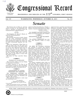 Congressional Record United States Th of America PROCEEDINGS and DEBATES of the 113 CONGRESS, FIRST SESSION