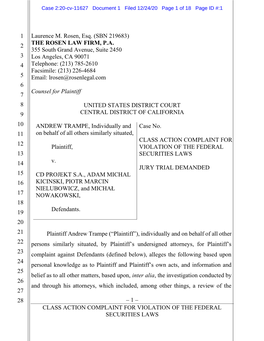 Andrew Trampe, Et Al. V. CD Projekt S.A., Et Al. 20-CV-11627-Class Action Complaint for Violation of the Federal Securities Laws