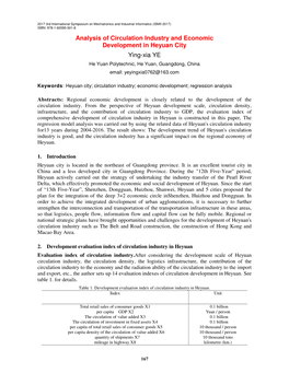 Analysis of Circulation Industry and Economic Development in Heyuan City Ying-Xia YE He Yuan Polytechnic, He Yuan, Guangdong, China Email: Yeyingxia0762@163.Com