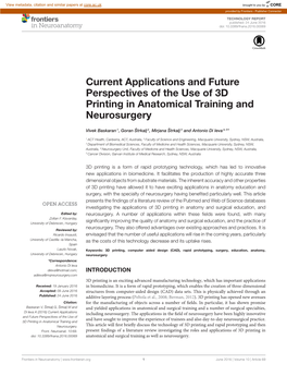 Current Applications and Future Perspectives of the Use of 3D Printing in Anatomical Training and Neurosurgery