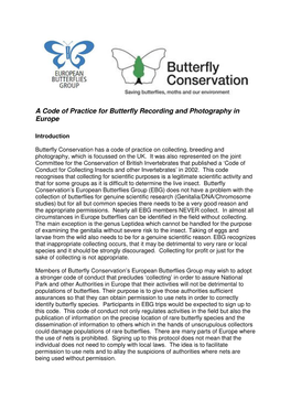 A Code of Practice for Butterfly Recording and Photography in Europe