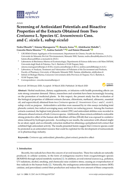 Screening of Antioxidant Potentials and Bioactive Properties of the Extracts Obtained from Two Centaurea L. Species (C. Kroumirensis Coss. and C. Sicula L. Subsp Sicula)