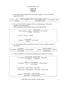 Lecture 26 Solutions I Tutorial 1) How Many Grams of Mgso4·9H2O Are Needed to Prepare 125 Ml of 0.200 M Magnesium Sulfate?