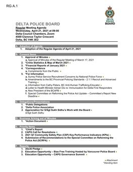 DELTA POLICE BOARD Regular Meeting Agenda Wednesday, April 21, 2021 at 09:00 Delta Council Chambers, Zoom 4500 Clarence Taylor Crescent Delta, BC V4K 3E2