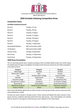 2020 Archdale Debating Competition Draw