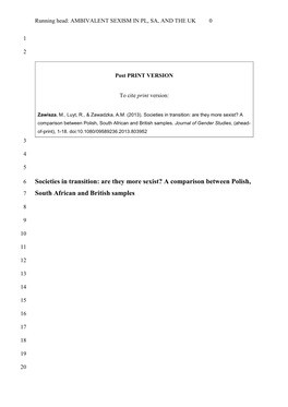 Societies in Transition: Are They More Sexist? a Comparison Between Polish, South African and British Samples