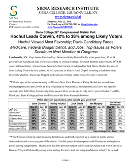 SIENA RESEARCH INSTITUTE Hochul Leads Corwin, 42% to 38