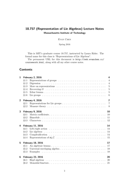 Representation of Lie Algebras) Lecture Notes Massachusetts Institute of Technology