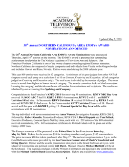 38 Annual NORTHERN CALIFORNIA AREA EMMY® AWARD NOMINATIONS ANNOUNCED