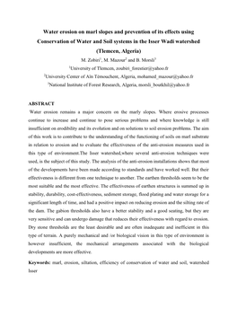 Water Erosion on Marl Slopes and Prevention of Its Effects Using Conservation of Water and Soil Systems in the Isser Wadi Watershed (Tlemcen, Algeria) M