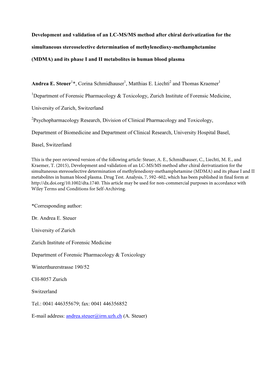 Development and Validation of an LC-MS/MS Method After Chiral Derivatization for the Simultaneous Stereoselective Determination of Methylenedioxy-Methamphetamine