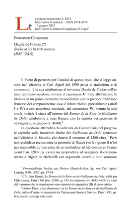 Francesco Carapezza Daude De Pradas (?) Belha M’Es La Votz Autana (Bdt 124.5)