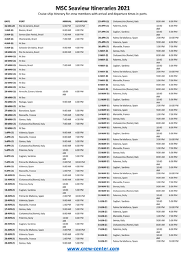 MSC Seaview Itineraries 2021 Cruise Ship Itinerary for Crew Members with Arrival and Departure Times in Ports