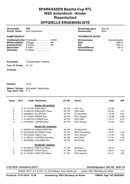 SPARKASSEN Bezirks-Cup RTL WSV Achenkirch - Kinder Riesentorlauf OFFIZIELLE ERGEBNISLISTE